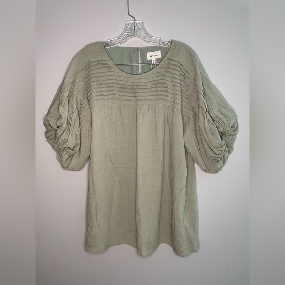 Heyson Women's NWT Sage Green Short Sleeve Blouse Pleated Shirt Puff Sleeve Top - Picture 11 of 16